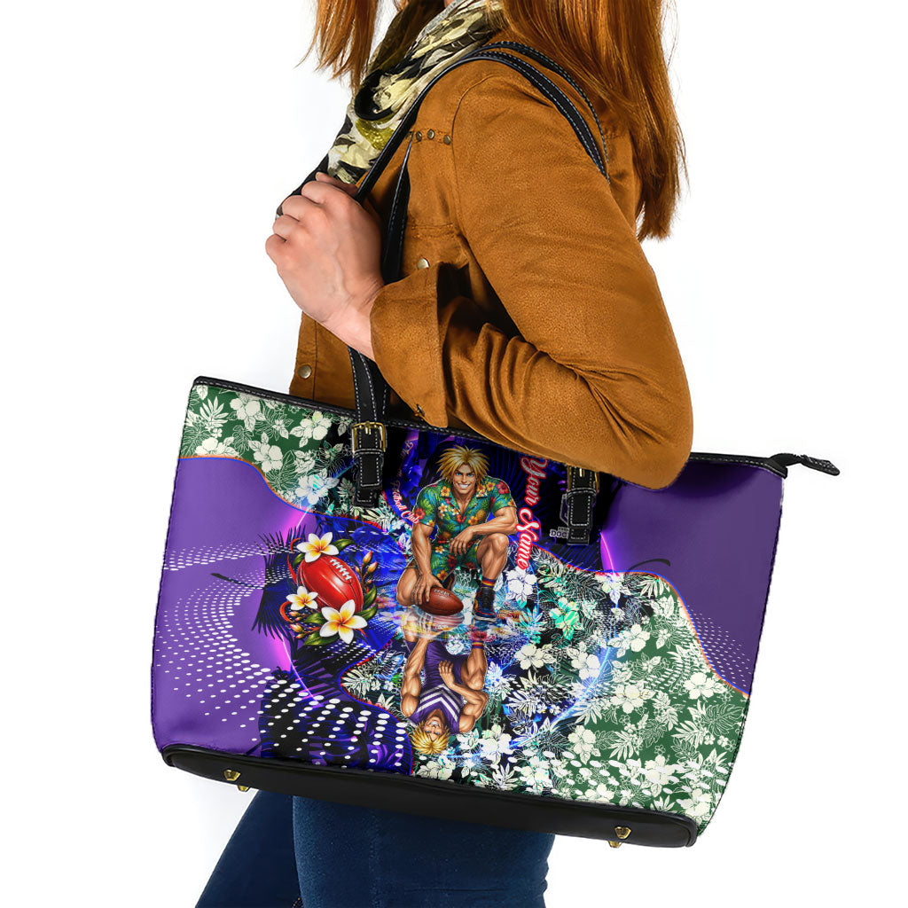 Personalized Fremantle Football Dockers Leather Tote Bag Tropical Hibiscus Flowers - Pacific Fusion Style