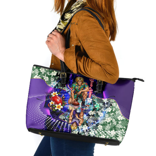 Personalized Fremantle Football Dockers Leather Tote Bag Tropical Hibiscus Flowers - Pacific Fusion Style