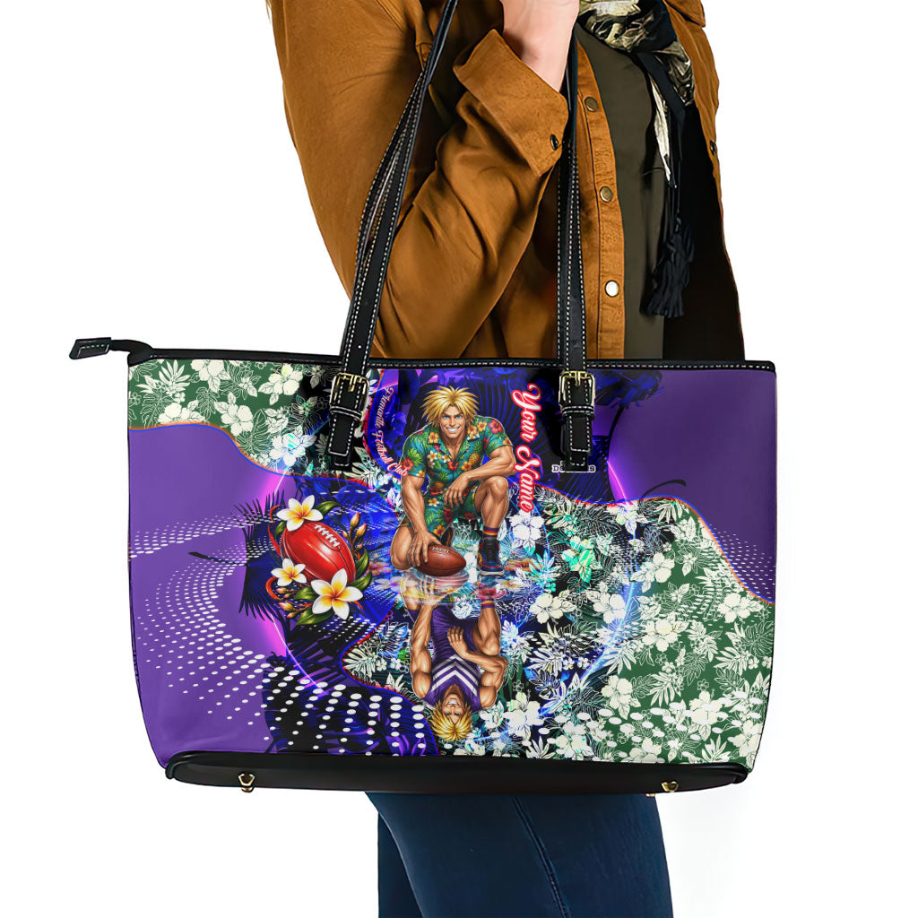 Personalized Fremantle Football Dockers Leather Tote Bag Tropical Hibiscus Flowers - Pacific Fusion Style
