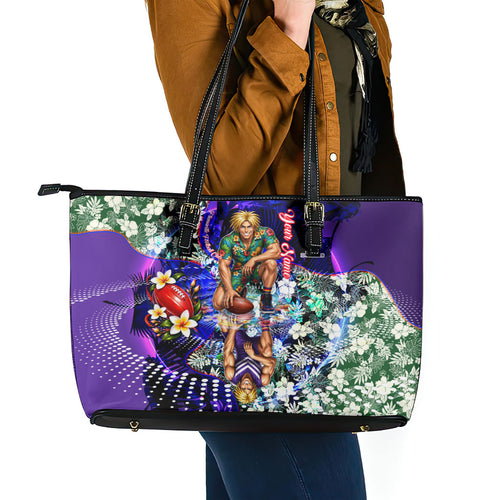 Personalized Fremantle Football Dockers Leather Tote Bag Tropical Hibiscus Flowers - Pacific Fusion Style