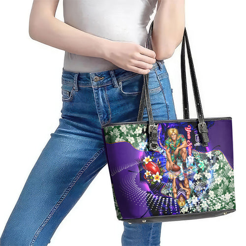 Personalized Fremantle Football Dockers Leather Tote Bag Tropical Hibiscus Flowers - Pacific Fusion Style