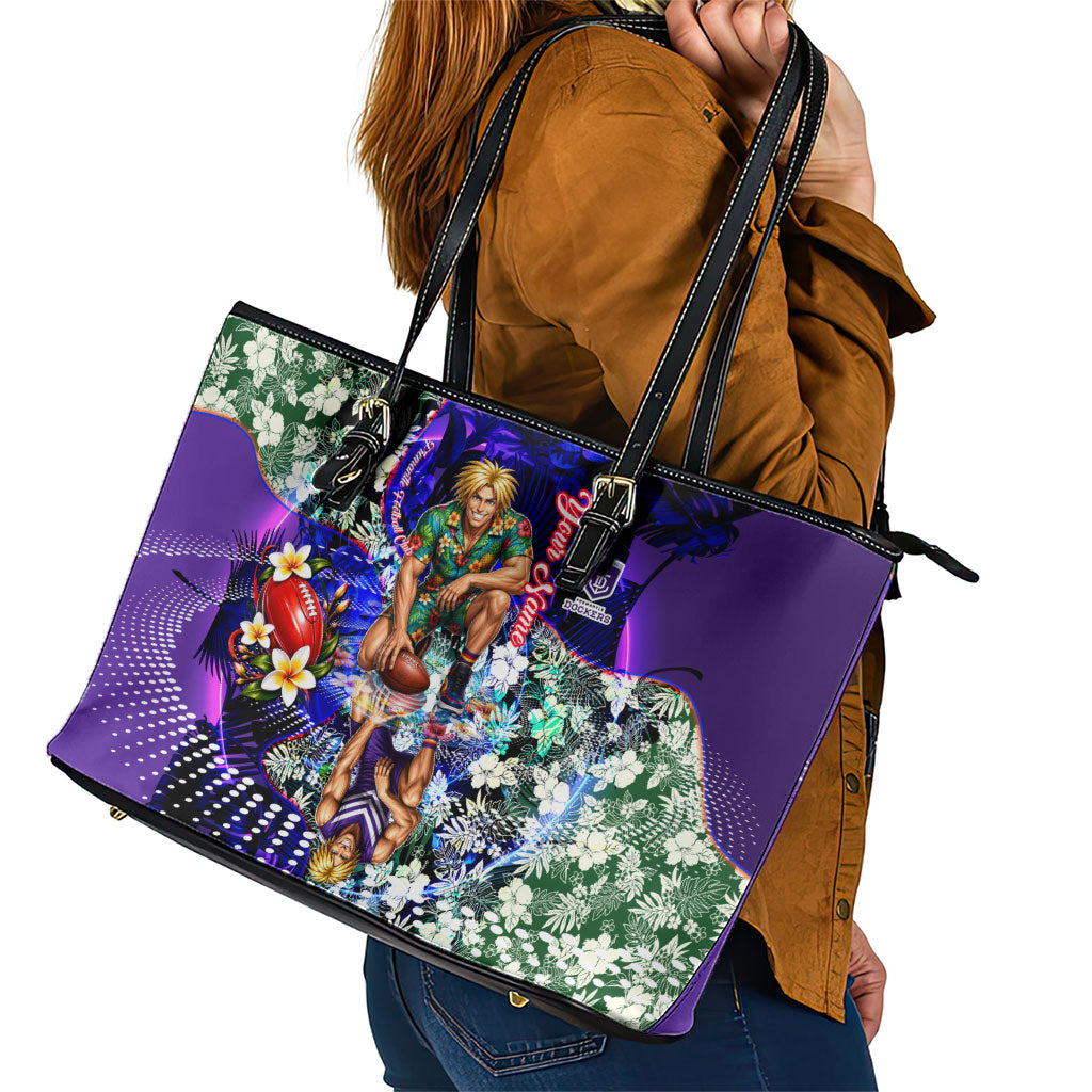 Personalized Fremantle Football Dockers Leather Tote Bag Tropical Hibiscus Flowers - Pacific Fusion Style