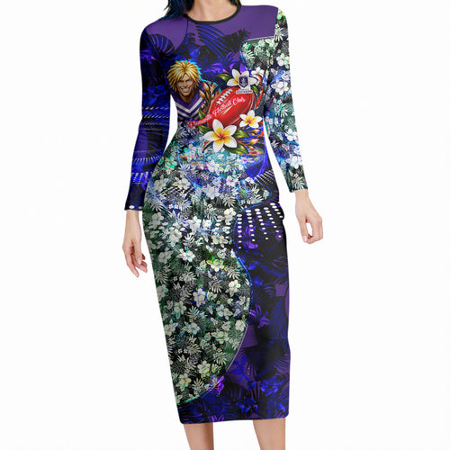 Personalized Fremantle Football Dockers Long Sleeve Bodycon Dress Tropical Hibiscus Flowers - Pacific Fusion Style