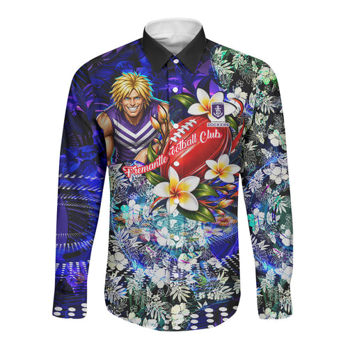 Personalized Fremantle Football Dockers Long Sleeve Button Shirt Tropical Hibiscus Flowers - Pacific Fusion Style