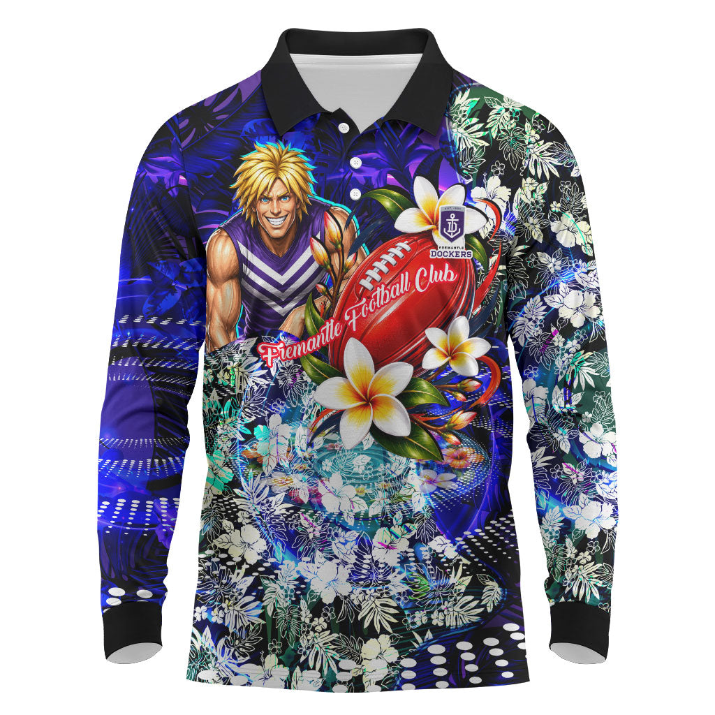 Personalized Fremantle Football Dockers Long Sleeve Polo Shirt Tropical Hibiscus Flowers - Pacific Fusion Style