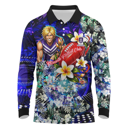 Personalized Fremantle Football Dockers Long Sleeve Polo Shirt Tropical Hibiscus Flowers - Pacific Fusion Style