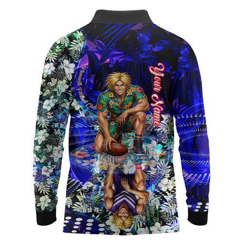 Personalized Fremantle Football Dockers Long Sleeve Polo Shirt Tropical Hibiscus Flowers - Pacific Fusion Style