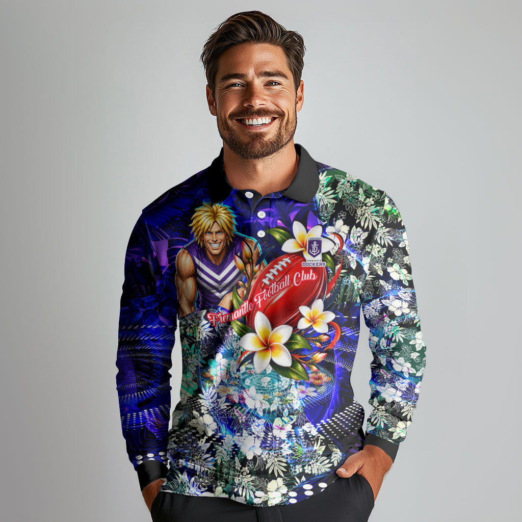 Personalized Fremantle Football Dockers Long Sleeve Polo Shirt Tropical Hibiscus Flowers - Pacific Fusion Style