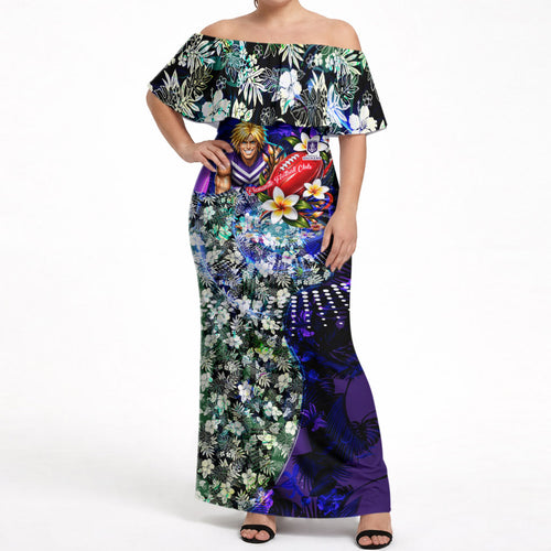 Personalized Fremantle Football Dockers Off Shoulder Maxi Dress Tropical Hibiscus Flowers - Pacific Fusion Style