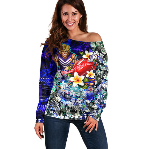Personalized Fremantle Football Dockers Off Shoulder Sweater Tropical Hibiscus Flowers - Pacific Fusion Style
