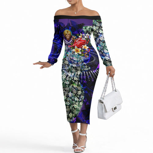 Personalized Fremantle Football Dockers Off The Shoulder Long Sleeve Dress Tropical Hibiscus Flowers - Pacific Fusion Style
