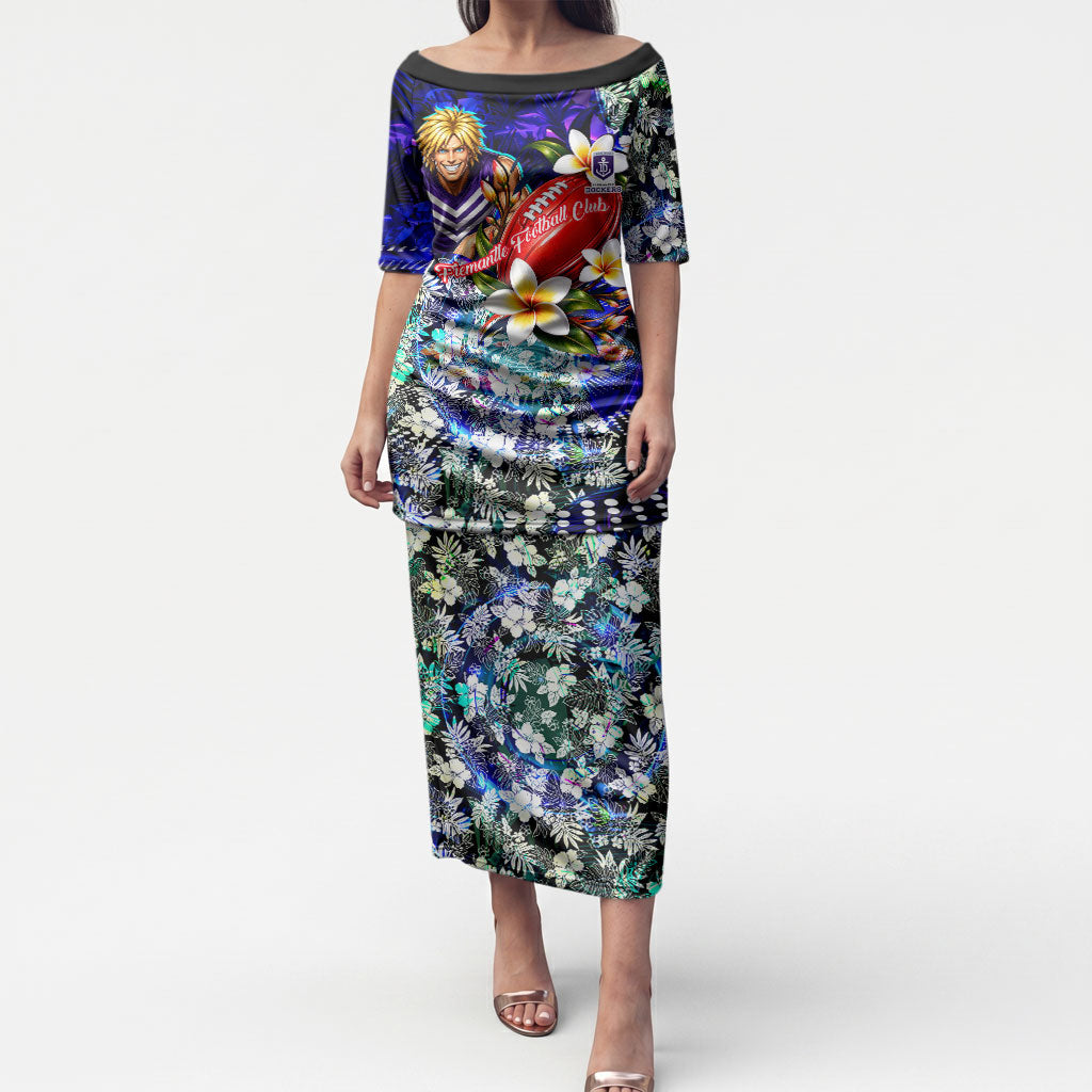 Personalized Fremantle Football Dockers Puletasi Tropical Hibiscus Flowers - Pacific Fusion Style
