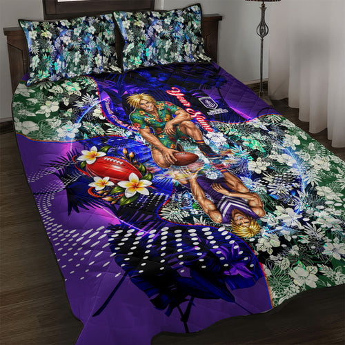 Personalized Fremantle Football Dockers Quilt Bed Set Tropical Hibiscus Flowers - Pacific Fusion Style