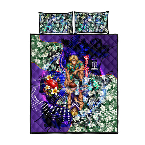 Personalized Fremantle Football Dockers Quilt Bed Set Tropical Hibiscus Flowers - Pacific Fusion Style