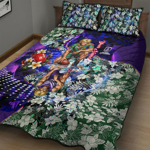 Personalized Fremantle Football Dockers Quilt Bed Set Tropical Hibiscus Flowers - Pacific Fusion Style