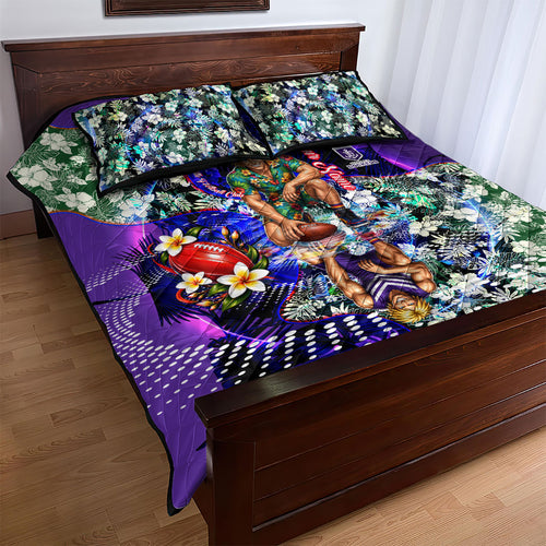 Personalized Fremantle Football Dockers Quilt Bed Set Tropical Hibiscus Flowers - Pacific Fusion Style