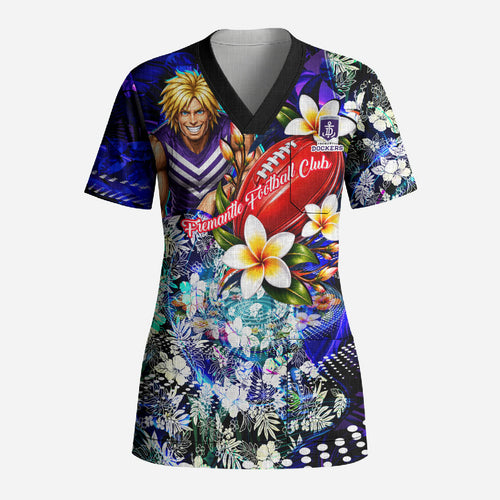 Personalized Fremantle Football Dockers Scrub Top Tropical Hibiscus Flowers - Pacific Fusion Style