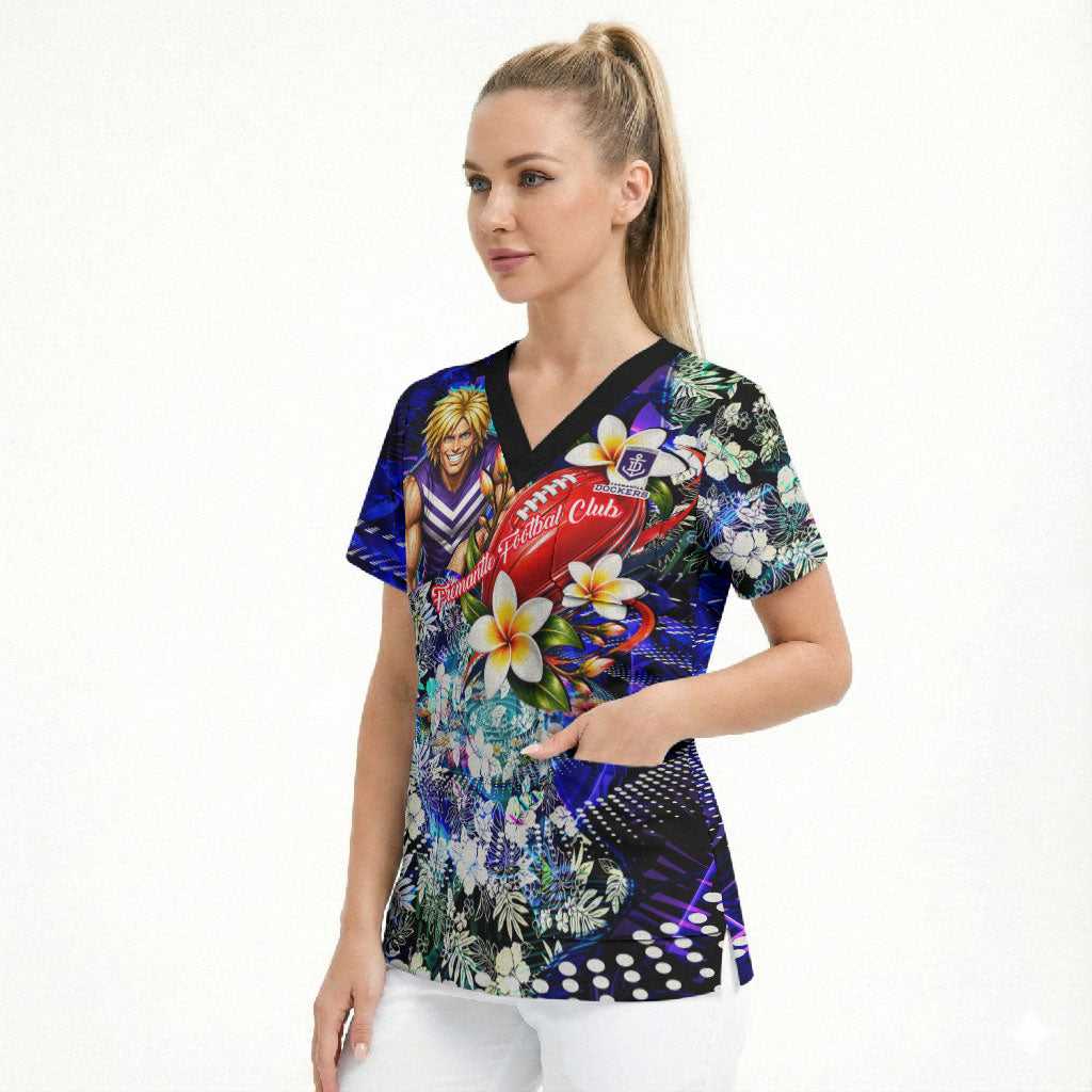 Personalized Fremantle Football Dockers Scrub Top Tropical Hibiscus Flowers - Pacific Fusion Style