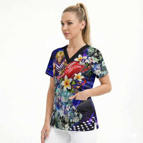 Personalized Fremantle Football Dockers Scrub Top Tropical Hibiscus Flowers - Pacific Fusion Style