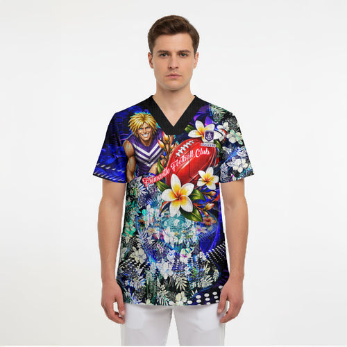 Personalized Fremantle Football Dockers Scrub Top Tropical Hibiscus Flowers - Pacific Fusion Style