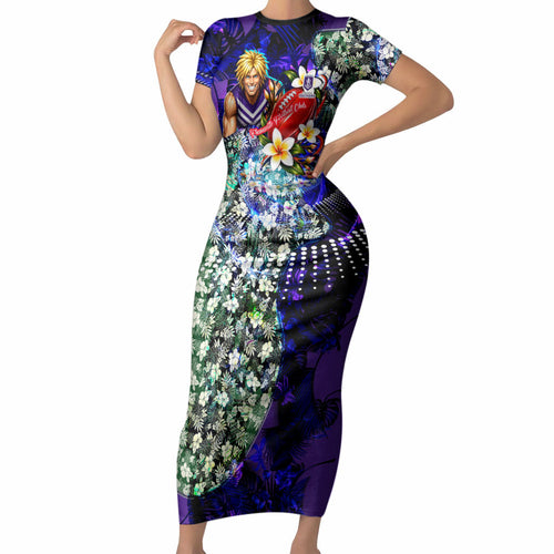 Personalized Fremantle Football Dockers Short Sleeve Bodycon Dress Tropical Hibiscus Flowers - Pacific Fusion Style
