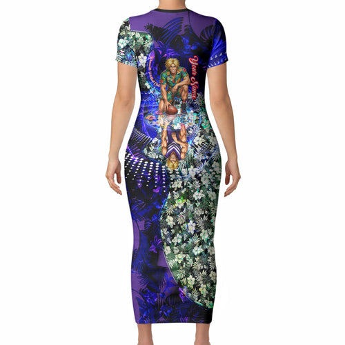 Personalized Fremantle Football Dockers Short Sleeve Bodycon Dress Tropical Hibiscus Flowers - Pacific Fusion Style