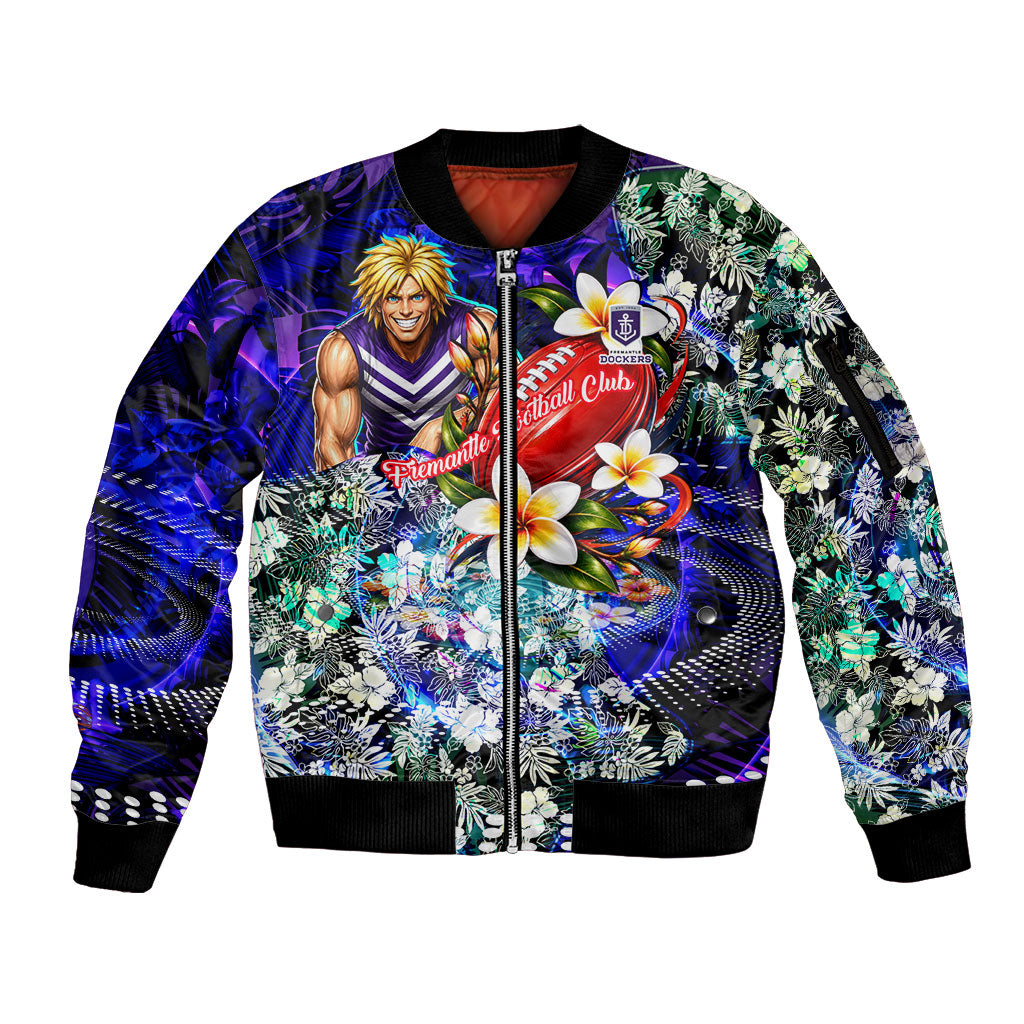 Personalized Fremantle Football Dockers Sleeve Zip Bomber Jacket Tropical Hibiscus Flowers - Pacific Fusion Style