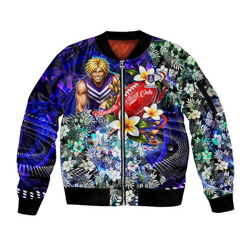 Personalized Fremantle Football Dockers Sleeve Zip Bomber Jacket Tropical Hibiscus Flowers - Pacific Fusion Style