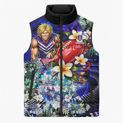 Personalized Fremantle Football Dockers Sleeveless Puffer Jacket Tropical Hibiscus Flowers - Pacific Fusion Style