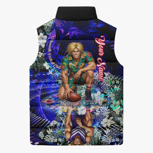 Personalized Fremantle Football Dockers Sleeveless Puffer Jacket Tropical Hibiscus Flowers - Pacific Fusion Style