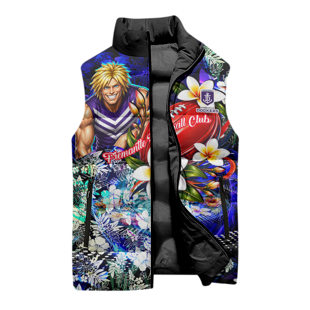 Personalized Fremantle Football Dockers Sleeveless Puffer Jacket Tropical Hibiscus Flowers - Pacific Fusion Style