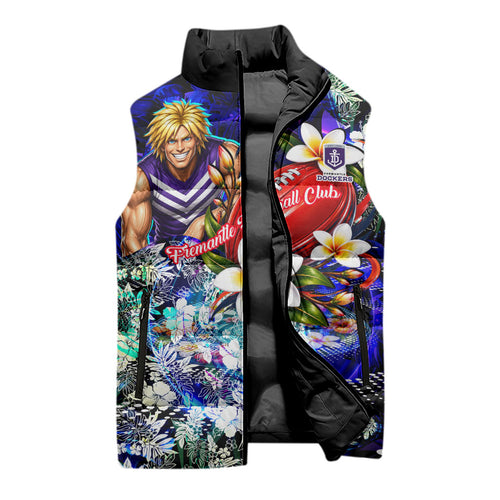 Personalized Fremantle Football Dockers Sleeveless Puffer Jacket Tropical Hibiscus Flowers - Pacific Fusion Style