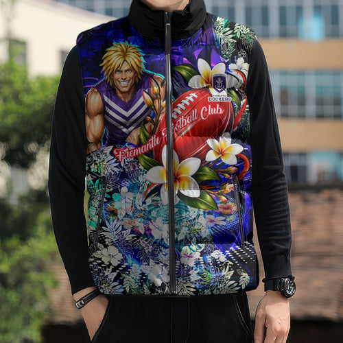Personalized Fremantle Football Dockers Sleeveless Puffer Jacket Tropical Hibiscus Flowers - Pacific Fusion Style