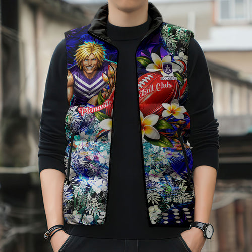Personalized Fremantle Football Dockers Sleeveless Puffer Jacket Tropical Hibiscus Flowers - Pacific Fusion Style