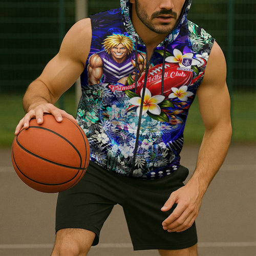 Personalized Fremantle Football Dockers Sleeveless Zip Hoodie Tropical Hibiscus Flowers - Pacific Fusion Style