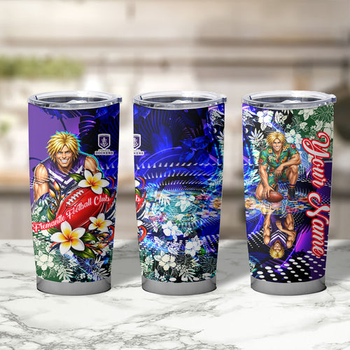 Personalized Fremantle Football Dockers Tumbler Cup Tropical Hibiscus Flowers - Pacific Fusion Style