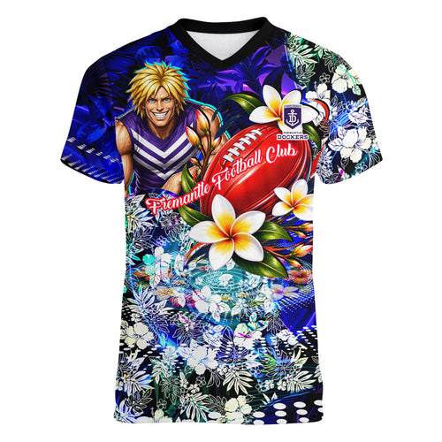 Personalized Fremantle Football Dockers Women V-Neck T-Shirt Tropical Hibiscus Flowers - Pacific Fusion Style
