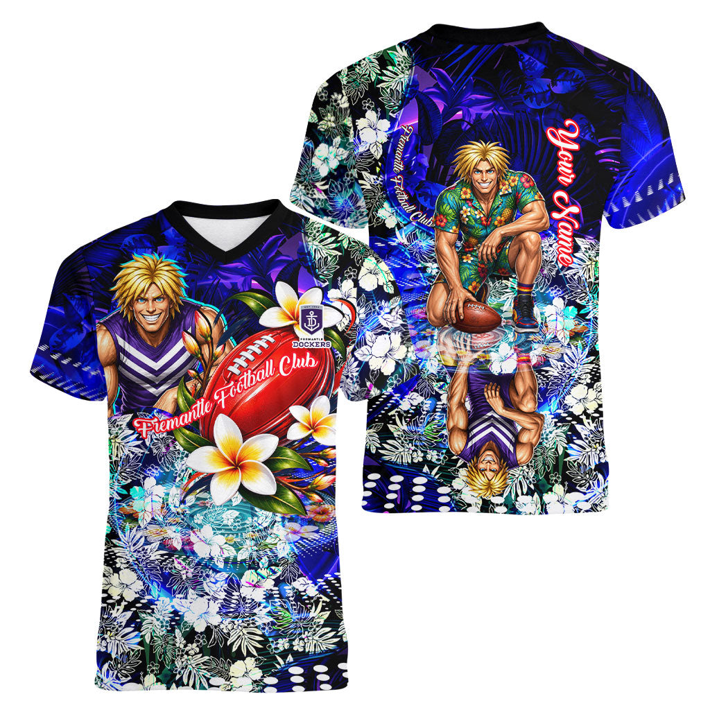 Personalized Fremantle Football Dockers Women V-Neck T-Shirt Tropical Hibiscus Flowers - Pacific Fusion Style