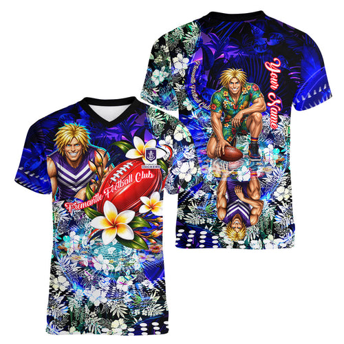 Personalized Fremantle Football Dockers Women V-Neck T-Shirt Tropical Hibiscus Flowers - Pacific Fusion Style
