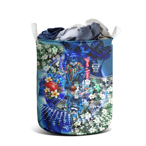 Personalized Geelong Football Cats Laundry Basket Tropical Hibiscus Flowers - Pacific Fusion Style