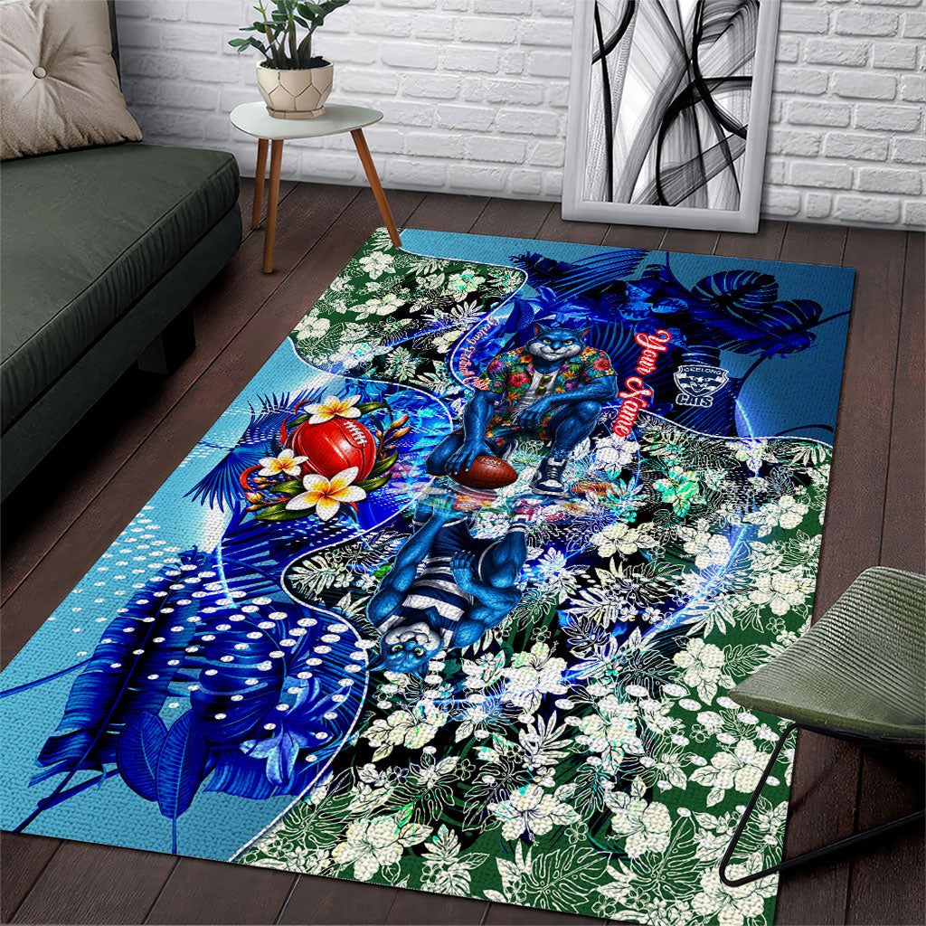 Personalized Geelong Football Cats Area Rug Tropical Hibiscus Flowers - Pacific Fusion Style