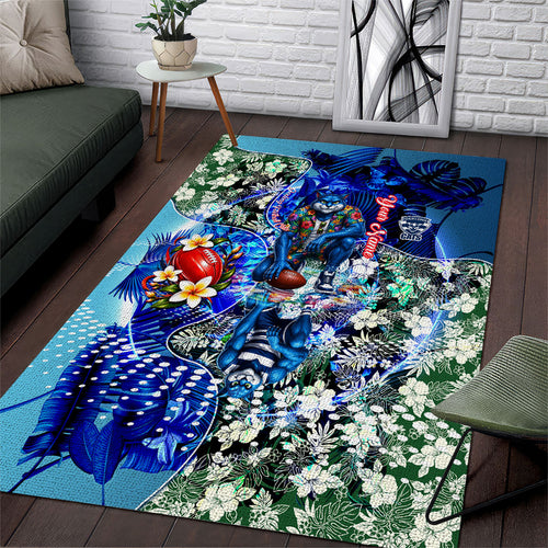 Personalized Geelong Football Cats Area Rug Tropical Hibiscus Flowers - Pacific Fusion Style