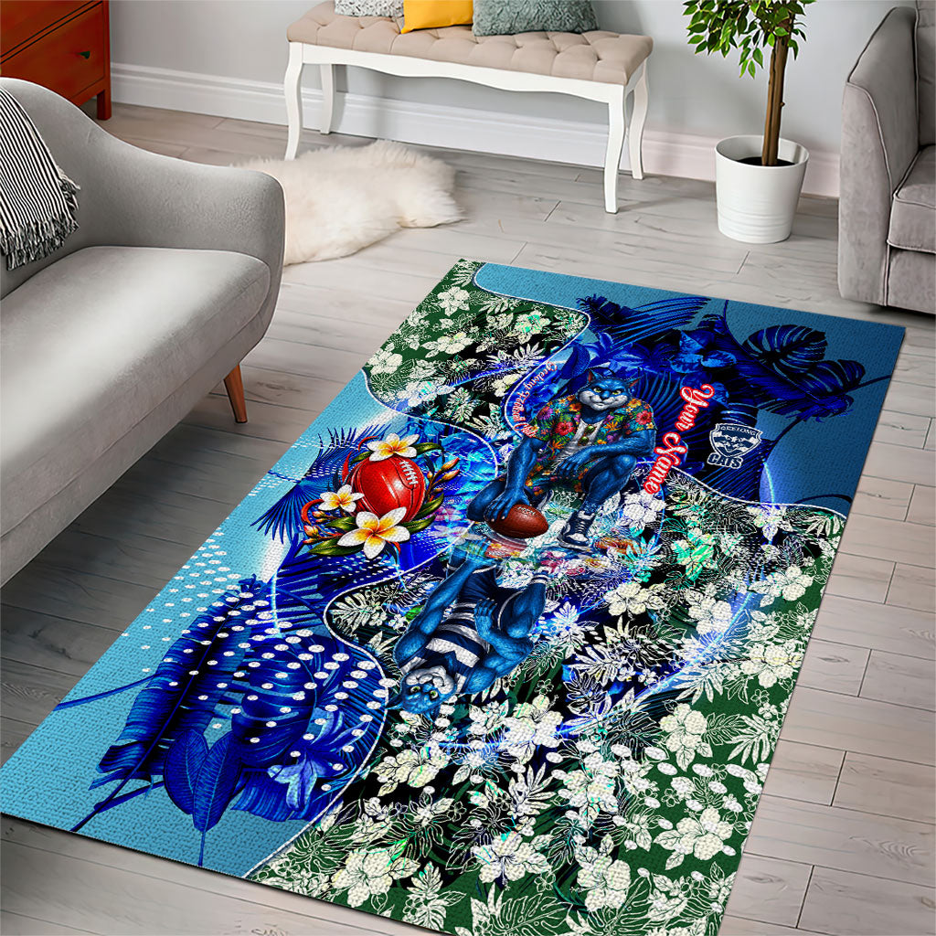 Personalized Geelong Football Cats Area Rug Tropical Hibiscus Flowers - Pacific Fusion Style
