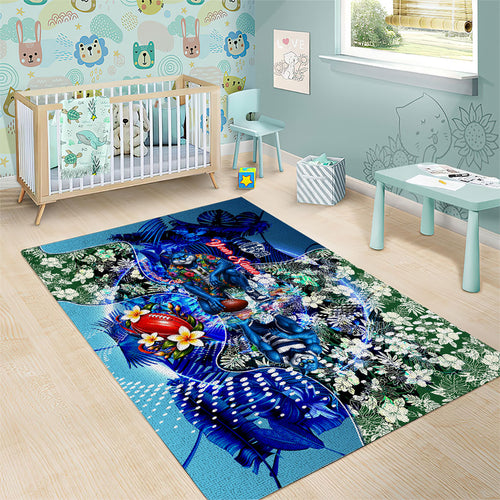 Personalized Geelong Football Cats Area Rug Tropical Hibiscus Flowers - Pacific Fusion Style