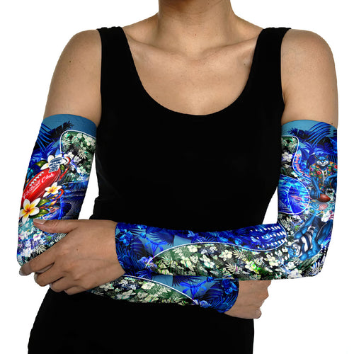 Personalized Geelong Football Cats Arm Sleeves Tropical Hibiscus Flowers - Pacific Fusion Style
