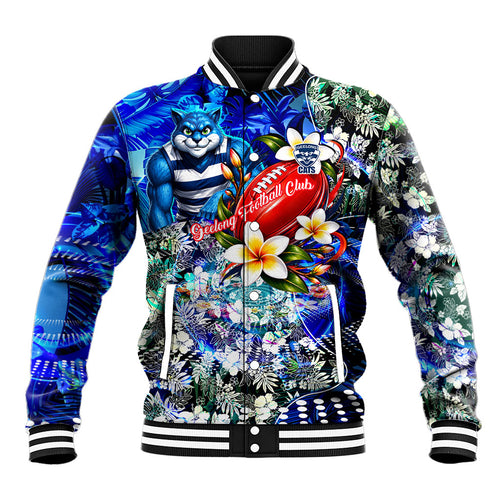 Personalized Geelong Football Cats Baseball Jacket Tropical Hibiscus Flowers - Pacific Fusion Style