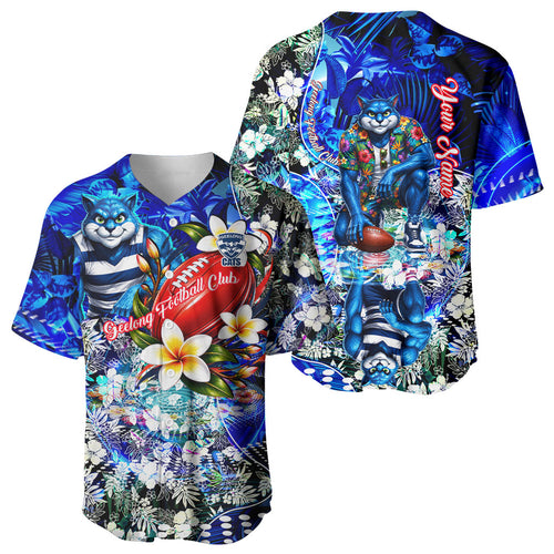 Personalized Geelong Football Cats Baseball Jersey Tropical Hibiscus Flowers - Pacific Fusion Style