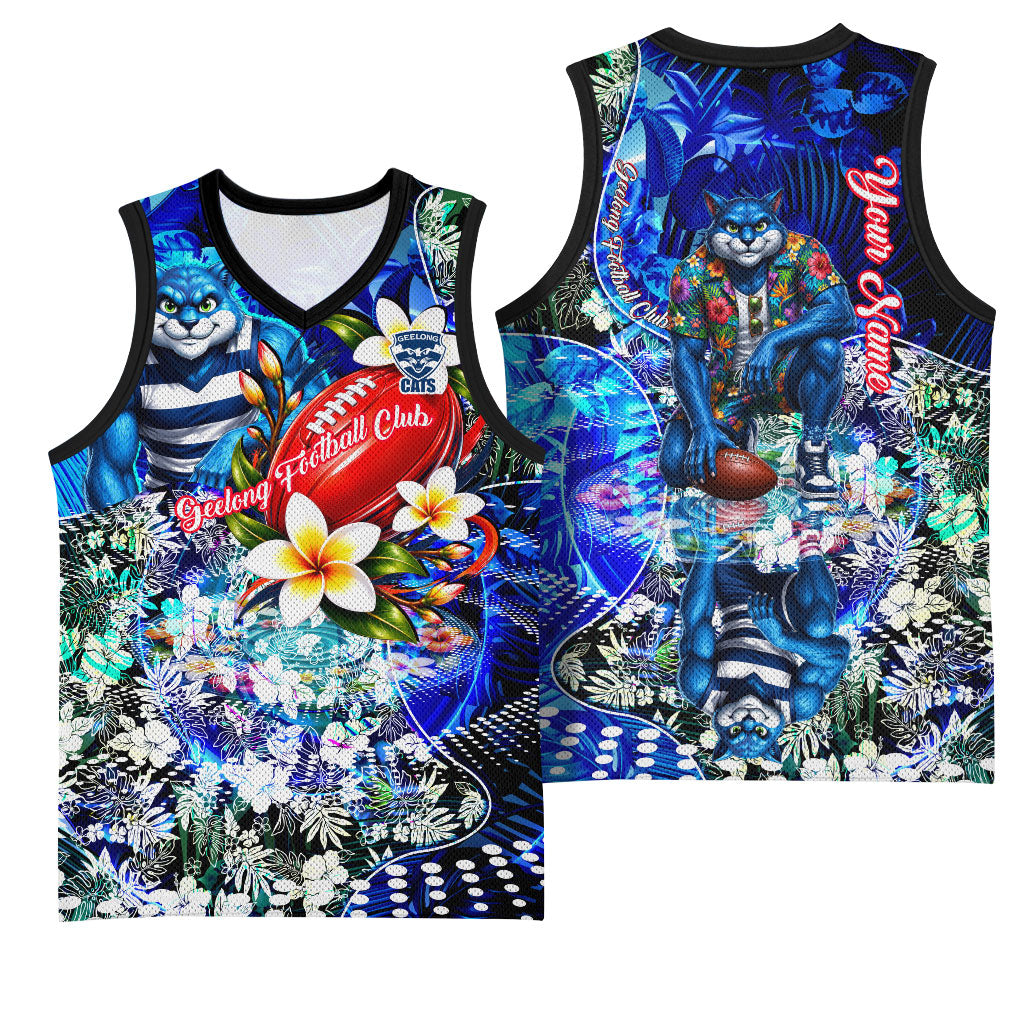 Personalized Geelong Football Cats Basketball Jersey Tropical Hibiscus Flowers - Pacific Fusion Style