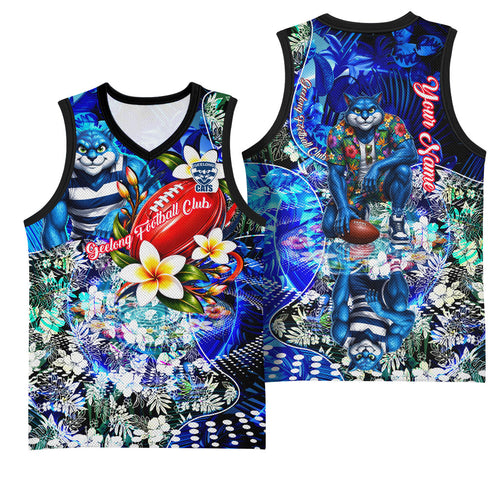 Personalized Geelong Football Cats Basketball Jersey Tropical Hibiscus Flowers - Pacific Fusion Style