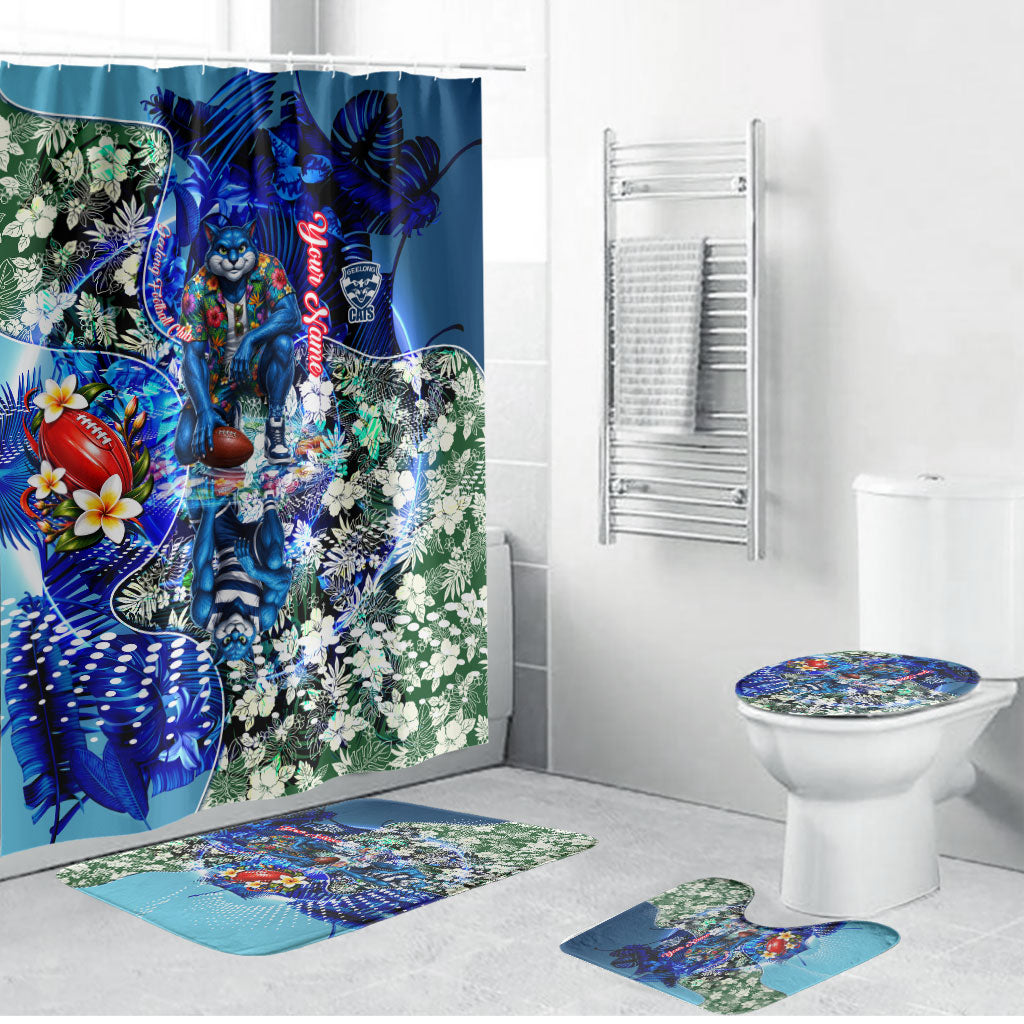 Personalized Geelong Football Cats Bathroom Set Tropical Hibiscus Flowers - Pacific Fusion Style
